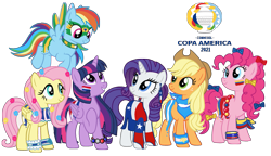 Size: 2407x1385 | Tagged: safe, artist:anonymous, artist:shiibases, artist:sir-psych0-s3xy, edit, editor:unofficial edits thread, imported from ponybooru, applejack, fluttershy, pinkie pie, rainbow dash, rarity, twilight sparkle, alicorn, earth pony, pegasus, pony, unicorn, applejack's hat, argentina, bandana, base used, body painting, bow, bracelet, brazil, chile, clothes, colombia, copa america, cowboy hat, dress, ear piercing, earring, face paint, female, flying, hair bow, hat, jewelry, looking at each other, mane six, mare, paraguay, piercing, simple background, smiling, socks, spanish, spread wings, transparent background, twilight sparkle (alicorn), uruguay, wings