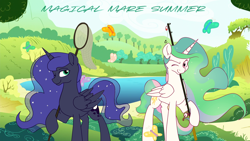 Size: 1280x720 | Tagged: artist needed, safe, editor:edits of hate, editor:unofficial edits thread, imported from twibooru, princess celestia, princess luna, alicorn, pony, bug net, duo, female, fishing rod, image, lake, looking at you, mare, one eye closed, png, royal sisters, wink