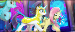 Size: 1920x828 | Tagged: safe, artist:roda11, imported from derpibooru, fluttershy, rainbow dash, rarity, pegasus, pony, unicorn, armor, blue eyes, blue mane, canterlot castle, female, flying, folded wings, green eyes, hoof shoes, horn, multicolored hair, pink eyes, pink mane, royal guard rarity, stained glass, wings, worried