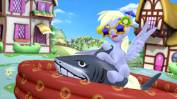 Size: 3840x2160 | Tagged: safe, artist:owlpirate, imported from derpibooru, derpy hooves, pegasus, pony, shark, 3d, female, high res, inflatable toy, kiddie pool, mare, ponyville, ride, riding, solo, source filmmaker, sunglasses