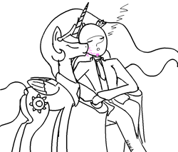 Size: 898x764 | Tagged: safe, artist:notawriteranon, imported from derpibooru, imported from ponybooru, princess celestia, oc, oc:anon, alicorn, human, pony, /mlp/, /sun/, duo, female, human and pony, kiss on the cheek, kissing, monochrome, sleeping