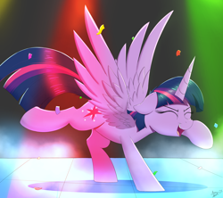 Size: 2000x1779 | Tagged: safe, artist:arcane-thunder, imported from derpibooru, twilight sparkle, alicorn, pony, 2021, adorkable, atg 2021, confetti, cute, cutie mark, dancing, do the sparkle, dork, eyes closed, female, floppy ears, mare, newbie artist training grounds, open mouth, solo, spotlight, straight, twiabetes, twilight sparkle (alicorn)