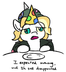 Size: 394x428 | Tagged: safe, artist:jargon scott, imported from derpibooru, oc, oc only, oc:dyxkrieg, alicorn, pony, clothes, female, filly, hat, helmet, jacket, magical lesbian spawn, malcolm in the middle, meme, offspring, parent:oc:dyx, parent:oc:luftkrieg, parents:oc x oc, party hat, pickelhaube, ponified meme, simple background, solo, white background, wingding eyes