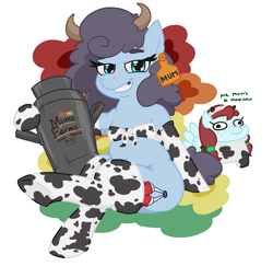 Size: 1461x1419 | Tagged: safe, artist:jargon scott, imported from derpibooru, oc, oc:pippin poppyseed, oc:polly poppyseed, earth pony, pegasus, pony, chubby, clothes, cow costume, cowprint, ear tag, fake horns, female, filly, freckles, gloves, grin, mare, milf, milk jug, mother and child, mother and daughter, plump, simple background, smiling, socks, squatpony, stockings, thigh highs, tooth gap, toothless, white background