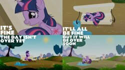 Size: 1280x720 | Tagged: safe, edit, edited screencap, editor:quoterific, imported from derpibooru, screencap, twilight sparkle, pony, unicorn, lesson zero, season 2, bench, female, mare, messy hair, open mouth, out of context, puddle, solo, sun, unicorn twilight