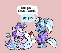 Size: 640x558 | Tagged: safe, artist:kylesmeallie, imported from derpibooru, starlight glimmer, trixie, unicorn, alternate hairstyle, babysitter trixie, cellphone, clothes, female, hoodie, lesbian, pajamas, phone, quarantine, shipping, smartphone, startrix