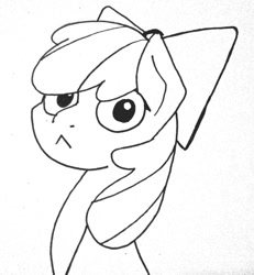 Size: 1280x1386 | Tagged: safe, artist:ewoudcponies, imported from derpibooru, apple bloom, earth pony, pony, :<, black and white, female, filly, grayscale, looking at you, monochrome, solo, traditional art