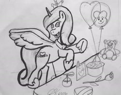 Size: 2311x1810 | Tagged: safe, imported from derpibooru, princess cadance, alicorn, bear, pony, balloon, candy, flower, food, hearts and hooves day, hearts and hooves day cards, lineart, open mouth, open smile, party balloon, perfume, present, rose, smiling, solo, teddy bear