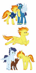 Size: 1280x2560 | Tagged: safe, artist:primrosepaper, imported from derpibooru, soarin', spitfire, oc, oc:flash fire, pegasus, pony, blushing, cheek kiss, clothes, female, filly, kiss on the cheek, kissing, lying down, male, mare, offspring, parent:soarin', parent:spitfire, parents:soarinfire, pregnant, prone, shipping, simple background, soarinfire, spread wings, stallion, straight, uniform, white background, wingboner, wings, wonderbolts dress uniform, wonderbolts uniform