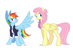 Size: 4000x2618 | Tagged: safe, artist:yaaaco, artist:yaco, imported from derpibooru, fluttershy, rainbow dash, pegasus, pony, alternate hairstyle, female, flutterdash, hair bun, lesbian, mare, shipping, simple background, spread wings, white background, wings