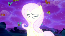 Size: 1280x720 | Tagged: safe, imported from derpibooru, screencap, fluttershy, pegasus, pony, do princesses dream of magic sheep, season 5, eyes closed, female, flying, food, mare, muffin, solo, transformation, wings