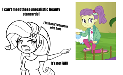 Size: 1602x976 | Tagged: safe, artist:tjpones edits, edit, imported from derpibooru, screencap, lily pad (equestria girls), rarity, equestria girls, equestria girls series, spring breakdown, spoiler:eqg series (season 2), black and white, crying, equestria girls drama, eyes closed, eyeshadow, female, grayscale, lily pad (g4), looking at you, makeup, mare, marshmelodrama, monochrome, open mouth, pointing, rarity being rarity, running makeup
