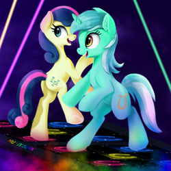 Size: 2000x2000 | Tagged: safe, artist:darksly, imported from derpibooru, bon bon, lyra heartstrings, sweetie drops, earth pony, pony, unicorn, bipedal, butt, dancing, female, high res, lesbian, lyrabon, mare, newbie artist training grounds, open mouth, open smile, party, plot, pump it up, raised hoof, raised leg, shipping, smiling
