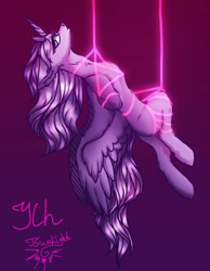 Size: 2100x2700 | Tagged: safe, artist:jsunlight, imported from derpibooru, oc, oc only, alicorn, earth pony, pegasus, pony, unicorn, arm behind back, auction, auction open, bondage, commission, digital art, high res, neon, rope, rope bondage, shibari, solo, spread wings, suspended, suspension bondage, wings, ych sketch, your character here