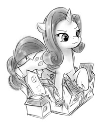 Size: 546x621 | Tagged: safe, artist:alloyrabbit, imported from derpibooru, rarity, pony, unicorn, crushing, destruction, female, giant pony, giantess, house, macro, mare, monochrome, trampling