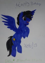 Size: 1169x1644 | Tagged: safe, artist:lesewolf_w, imported from derpibooru, oc, oc:xeto, pegasus, happy birthday, traditional art