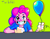 Size: 2320x1792 | Tagged: safe, artist:beefgummies, imported from derpibooru, pinkie pie, equestria girls, equestria girls (movie), balloon, clothes, colorful, droplet, gloves, looking at you, needs more saturation, party balloon, psychedelic, saturated, sharp teeth, shiny, short sleeves, smiling, sweat, table, teeth, trippy, wat