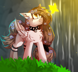 Size: 1024x948 | Tagged: safe, artist:mediasmile666, imported from derpibooru, oc, oc only, butterfly, pegasus, pony, choker, female, flower, flower in hair, grass, hairband, mare, outdoors, solo, spiked choker, standing, waterfall