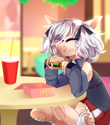 Size: 1729x1957 | Tagged: safe, artist:mediasmile666, imported from derpibooru, oc, oc only, pony, burger, eating, female, food, girl's frontline, hamburger, hoof hold, mare, mcdonald's, meat, munching, ponies eating meat, shotgun, sitting, smiling, solo, spas-12, underhoof