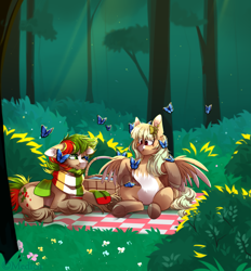 Size: 2779x3000 | Tagged: safe, artist:mediasmile666, imported from derpibooru, oc, oc only, butterfly, pegasus, basket, bush, clothes, duo, female, forest, freckles, grass, high res, male, mare, outdoors, pale belly, picnic, picnic basket, picnic blanket, scarf, sitting, stallion, tree, underhoof, unshorn fetlocks