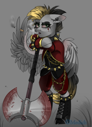 Size: 1681x2325 | Tagged: safe, artist:mediasmile666, imported from derpibooru, oc, oc only, pegasus, pony, axe, battle axe, blood, cigarette, ear piercing, earring, female, jewelry, looking at you, mare, piercing, smoking, solo, weapon