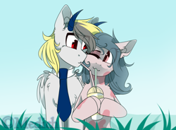 Size: 2568x1885 | Tagged: safe, artist:mediasmile666, imported from derpibooru, oc, oc only, pegasus, pony, bust, coat markings, duo, female, grass, horn, looking at each other, male, mare, necktie, stallion, straight