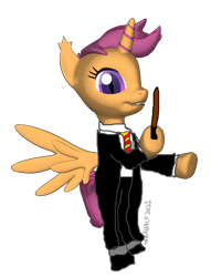 Size: 516x677 | Tagged: safe, imported from derpibooru, scootaloo, changeling, changepony, hybrid, pegasus, clothes, female, harry potter, harry potter (series), pegaling, race swap, uniform