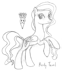 Size: 950x1096 | Tagged: safe, artist:parclytaxel, imported from derpibooru, oc, oc only, oc:cygnet, pegasus, pony, series:nightliner, cutie mark, female, lineart, mare, monochrome, pencil drawing, rearing, slim, smiling, solo, thin, traditional art