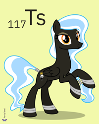 Size: 4000x5000 | Tagged: safe, artist:parclytaxel, imported from derpibooru, oc, oc only, oc:cygnet, pegasus, pony, series:joycall6's periodic table, .svg available, absurd resolution, bracelet, chemistry, commission, female, hairband, jewelry, mare, periodic table, rearing, simple background, slim, smiling, solo, tail wrap, tennessine, thin, vector, yellow background