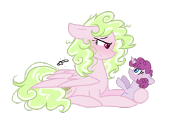 Size: 900x638 | Tagged: safe, artist:gallantserver, imported from derpibooru, oc, oc only, oc:blackberry muffin, oc:key lime pie, pegasus, pony, baby, baby pony, female, lying down, mare, offspring, offspring's offspring, parent:cheese sandwich, parent:oc:artemis, parent:oc:key lime pie, parent:pinkie pie, parents:cheesepie, parents:oc x oc, prone, simple background, transparent background