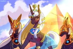 Size: 5200x3500 | Tagged: safe, artist:luna dave, imported from derpibooru, oc, oc:kirsis, earth pony, unicorn, armor, cloud, ear piercing, earring, egyptian, egyptian pony, horn, horn ring, jewelry, necklace, piercing, regalia, ring, sky