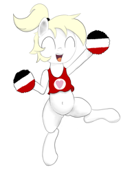 Size: 7303x9516 | Tagged: safe, artist:troopie, imported from derpibooru, oc, oc:luftkrieg, pony, absurd resolution, belly, belly button, bipedal, blank flank, cheerleader, clothes, eyes closed, female, filly, heart, pom pom, ponytail, simple background, smiling, solo, tanktop, underass, white background