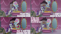 Size: 1280x720 | Tagged: safe, edit, edited screencap, editor:quoterific, imported from derpibooru, screencap, rainbow dash, rarity, pegasus, pony, unicorn, season 1, swarm of the century, bipedal, bipedal leaning, carousel boutique, clothes, dress, eyes closed, female, flying, jewelry, leaning, mare, mirror, open mouth, platform, powdered wig, rainbow dash is not amused, tail, tail pull, tiara, unamused