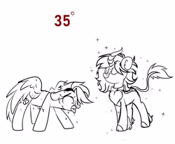 Size: 4096x3351 | Tagged: safe, artist:shiny-dust, imported from derpibooru, oc, oc only, kirin, pegasus, pony, eyes closed, female, floppy ears, hot, lineart, mare, monochrome, open mouth, panting, simple background, smiling, smug, sparkles, spread wings, sweat, temperature, tongue out, white background, wide eyes, wings