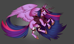 Size: 5000x3000 | Tagged: safe, artist:auss1, imported from derpibooru, twilight sparkle, alicorn, pony, armor, bandage, female, gray background, grin, helmet, hoof shoes, horn, knee pads, mare, sharp teeth, simple background, slit eyes, slit pupils, smiling, solo, teeth, twilight sparkle (alicorn), wings