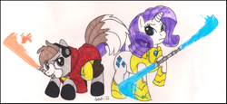 Size: 2476x1136 | Tagged: safe, artist:scittykitty, imported from derpibooru, rarity, oc, earth pony, pony, unicorn, armor, duo, earth pony oc, female, headphones, horn, lightsaber, magic, male, mare, raised hoof, stallion, star wars, telekinesis, weapon