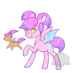 Size: 800x800 | Tagged: safe, artist:lavvythejackalope, imported from derpibooru, oc, oc only, bat pony, food pony, original species, pony, bat pony oc, bat wings, cookie, duo, female, food, hoof polish, mare, ponified, raised hoof, simple background, smiling, white background, wings