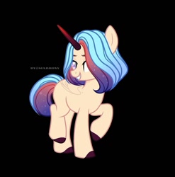 Size: 1080x1091 | Tagged: safe, artist:sia.brony, imported from derpibooru, oc, oc only, pony, unicorn, black background, colored hooves, ethereal mane, grin, horn, raised hoof, simple background, smiling, solo, starry mane, unicorn oc