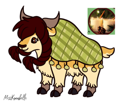 Size: 1216x1032 | Tagged: safe, artist:misskanabelle, imported from derpibooru, oc, oc only, yak, clothes, eyelashes, female, horns, signature, simple background, smiling, solo, white background, yak oc