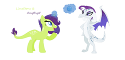 Size: 1116x537 | Tagged: safe, artist:pandoramoon110, imported from derpibooru, oc, oc only, oc:amethyst, oc:limestone, dracony, dragon, hybrid, pony, duo, female, interspecies offspring, levitation, magic, offspring, parent:rarity, parent:spike, parents:sparity, siblings, simple background, sisters, telekinesis, white background