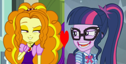 Size: 1409x713 | Tagged: safe, edit, edited screencap, imported from derpibooru, screencap, adagio dazzle, sci-twi, twilight sparkle, equestria girls, rainbow rocks, adagilight, female, glasses, lesbian, shipping, shipping domino