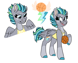 Size: 1498x1209 | Tagged: safe, artist:moccabliss, imported from derpibooru, oc, oc:hoopla, pegasus, pony, basketball, clothes, female, mare, offspring, parent:cozy glow, parent:rumble, shirt, simple background, sports, white background