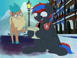 Size: 2651x2004 | Tagged: safe, artist:ljdamz1119, imported from derpibooru, velvet reindeer, oc, pegasus, pony, them's fightin' herds, community related, headphones, high res, snow, snowfall, streetlight, velvet (tfh)