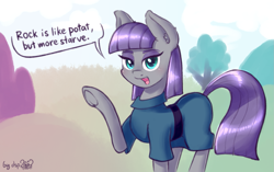 Size: 1479x929 | Tagged: safe, artist:dsp2003, imported from derpibooru, imported from ponybooru, maud pie, earth pony, pony, blushing, clothes, engrish, female, frog (hoof), joke, latvian joke, mare, open mouth, parody, raised hoof, raised leg, speech bubble, underhoof