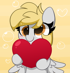 Size: 3512x3632 | Tagged: safe, artist:kittyrosie, imported from derpibooru, derpy hooves, pegasus, pony, blushing, bubble, cute, derpabetes, digital art, female, heart, high res, mare, smiling, solo, sparkles