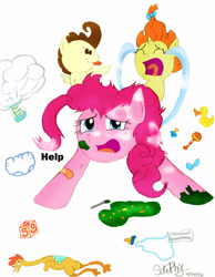 Size: 900x1159 | Tagged: safe, artist:stepany1234, imported from derpibooru, pinkie pie, pound cake, pumpkin cake, earth pony, pegasus, pony, unicorn, baby cakes, baby bottle, baby food, bandaid, bow, crying, cube, diaper, eyes closed, foal powder, foalsitter, milk, ocular gushers, open mouth, pacifier, rattle, rubber chicken, rubber duck, spoon, stressed, tongue out