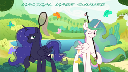 Size: 1280x720 | Tagged: safe, artist:dormin-dim, edit, imported from derpibooru, princess celestia, princess luna, alicorn, butterfly, pony, butterfly net, commission, fishing rod, looking at you, missing accessory, one eye closed, royal sisters, siblings, sisters, summer, water, wink, ych result