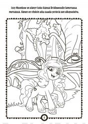 Size: 1000x1415 | Tagged: safe, imported from derpibooru, izzy moonbow, pony, unicorn, black and white, book, bridlewood, bridlewood forest, coloring page, female, finnish, g5, grayscale, looking at you, mare, monochrome, official, open mouth, smiling, smiling at you, solo, text, translated in the description