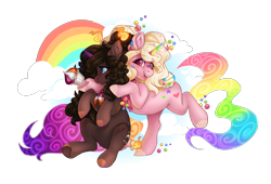 Size: 2400x1636 | Tagged: safe, artist:shady-bush, imported from derpibooru, oc, oc only, oc:funfetti, oc:jessica, original species, pony, scented pony, closed species, female, mare, rainbow, simple background, transparent background