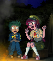 Size: 1200x1367 | Tagged: safe, artist:uotapo, imported from derpibooru, imported from ponybooru, gloriosa daisy, timber spruce, equestria girls, legend of everfree, brother and sister, campfire, clothes, duo, fear, female, fire, male, open mouth, pants, scary, scary stories, scout uniform, shoes, shorts, siblings, sitting, sweat, sweatdrop, uotapo is trying to murder us, younger